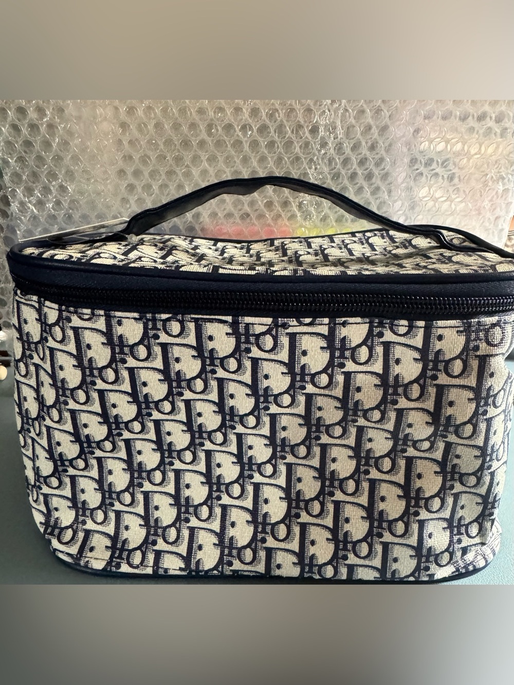 Designer-Pattern Canvas Travel Case - Navy and Cream